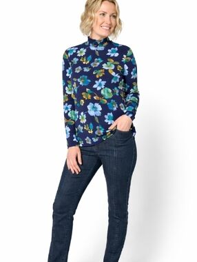 Susan Graver Liquid Knit Navy Floral Mock Neck Long Sleeve Top Sz S
